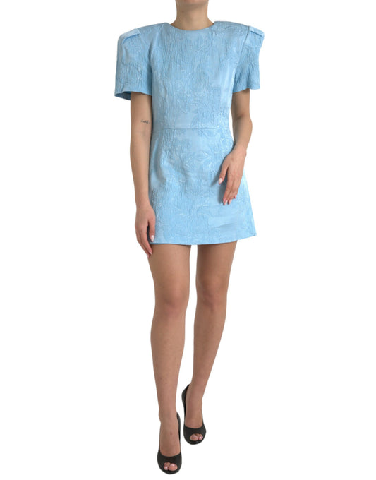 Dolce & Gabbana Light Blue Floral Jacquard Puff Sleeve Mini Dress Dolce & Gabbana