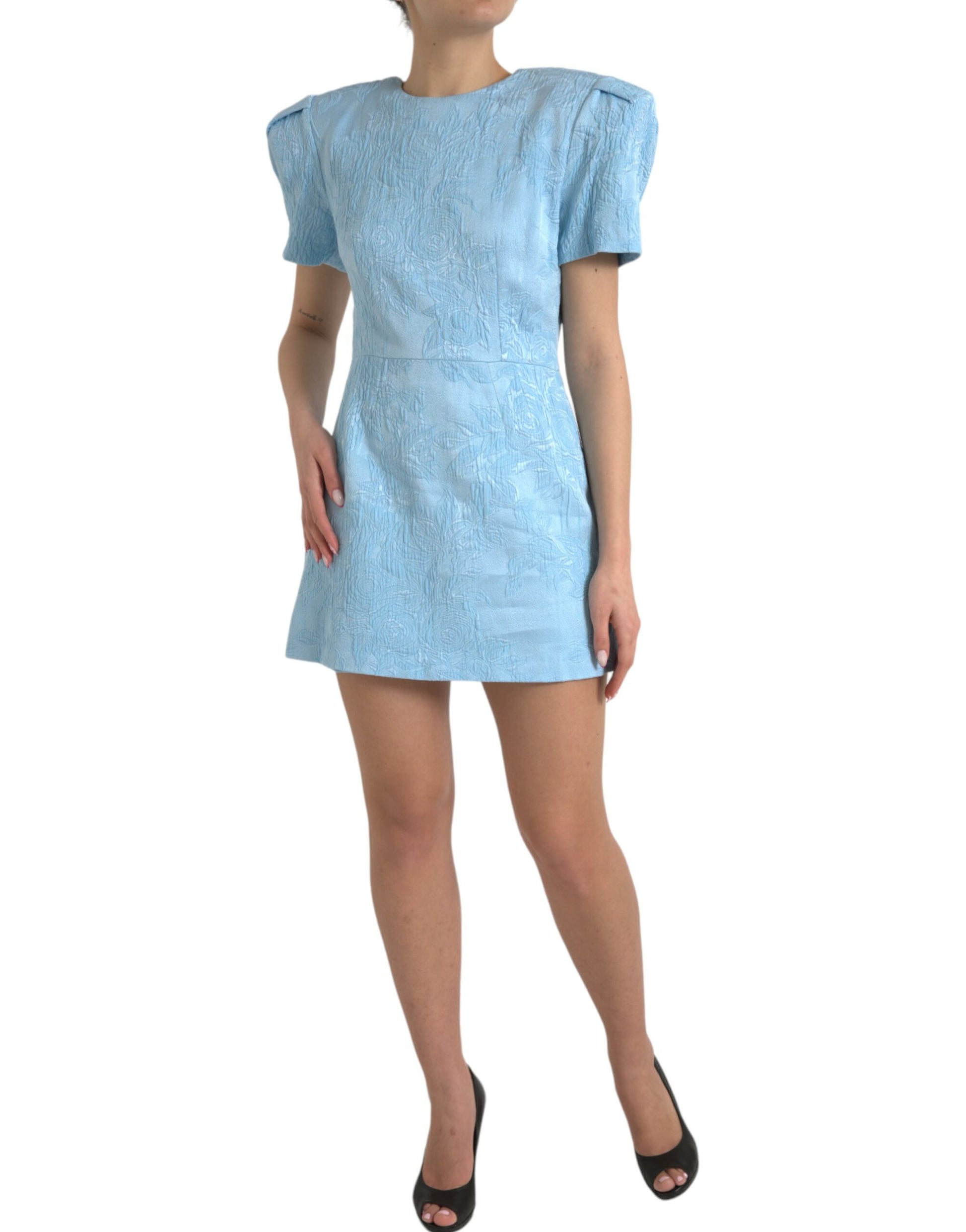 Dolce & Gabbana Light Blue Floral Jacquard Puff Sleeve Mini Dress Dolce & Gabbana