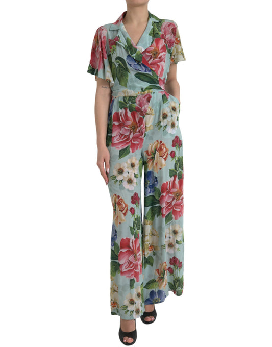Dolce & Gabbana Blue Floral Wide Leg Wrap Jumpsuit Dress Dolce & Gabbana