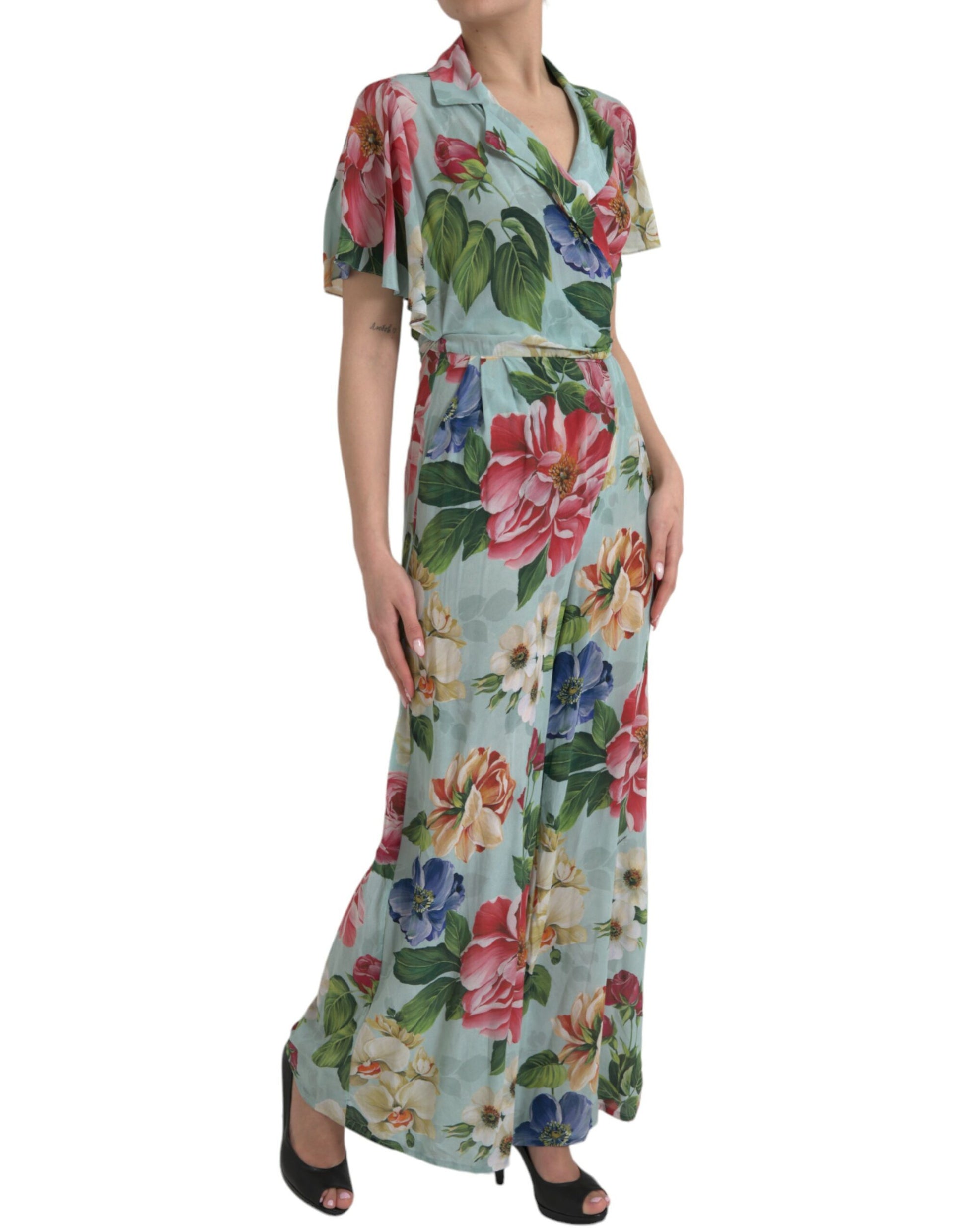 Dolce & Gabbana Blue Floral Wide Leg Wrap Jumpsuit Dress Dolce & Gabbana