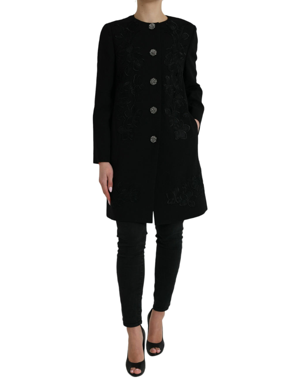 Dolce & Gabbana black floral wool jacket with button embellishments and intricate floral embroidery.