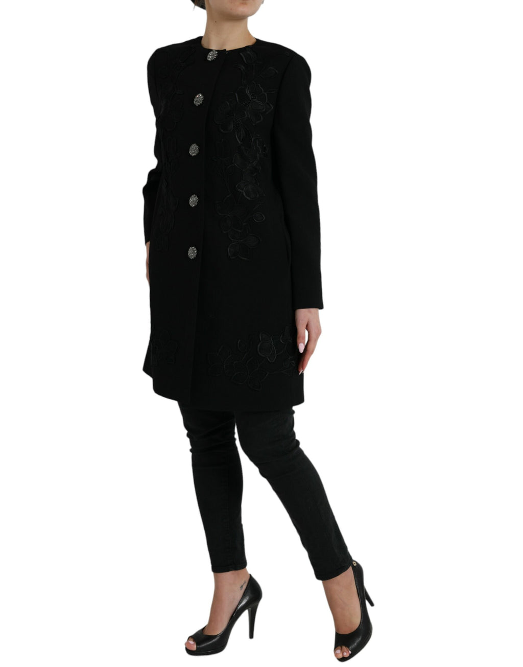 Dolce & Gabbana black floral wool jacket with button embellishments, stylish and elegant outerwear for women.
