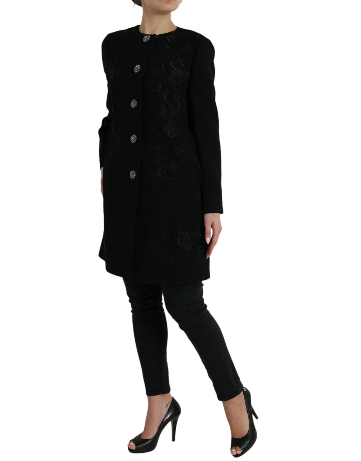 Dolce & Gabbana black floral wool jacket with button embellishments, stylish and elegant outerwear for women.