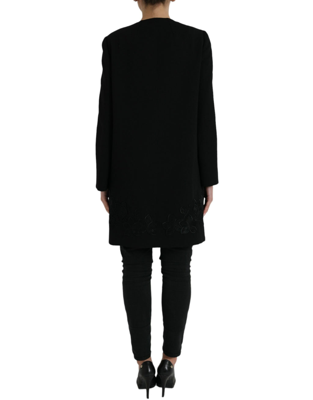 Dolce & Gabbana black floral wool jacket with button embellishments, featuring a tailored fit and elegant design.