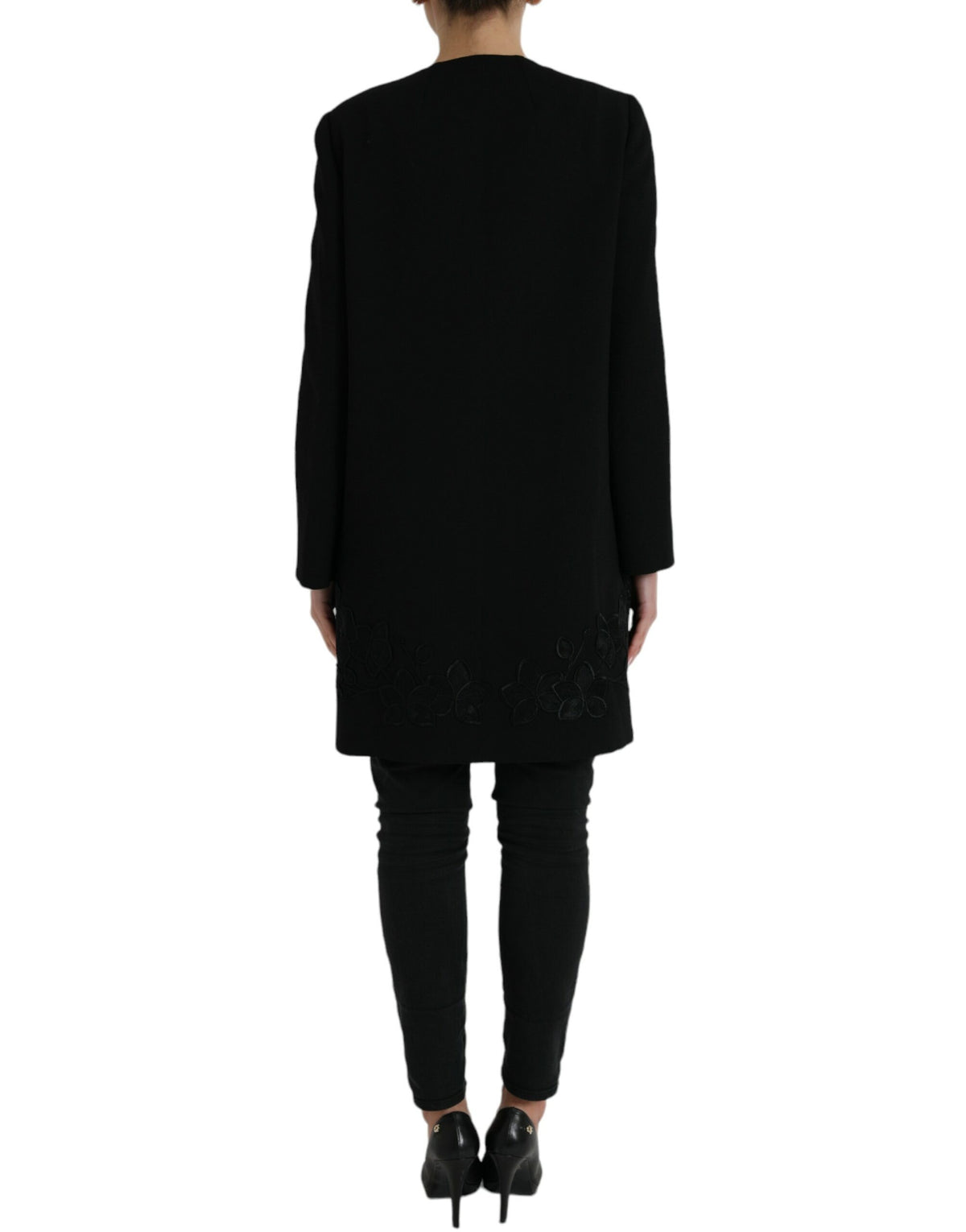 Dolce & Gabbana black floral wool jacket with button embellishments, featuring a tailored fit and elegant design.