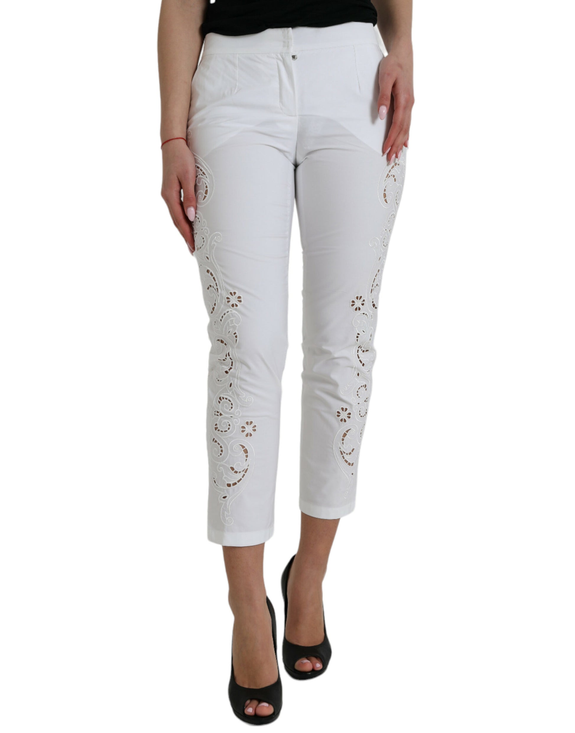 Dolce & Gabbana White Cut Out Cotton Mid Waist Cropped Pants Dolce & Gabbana