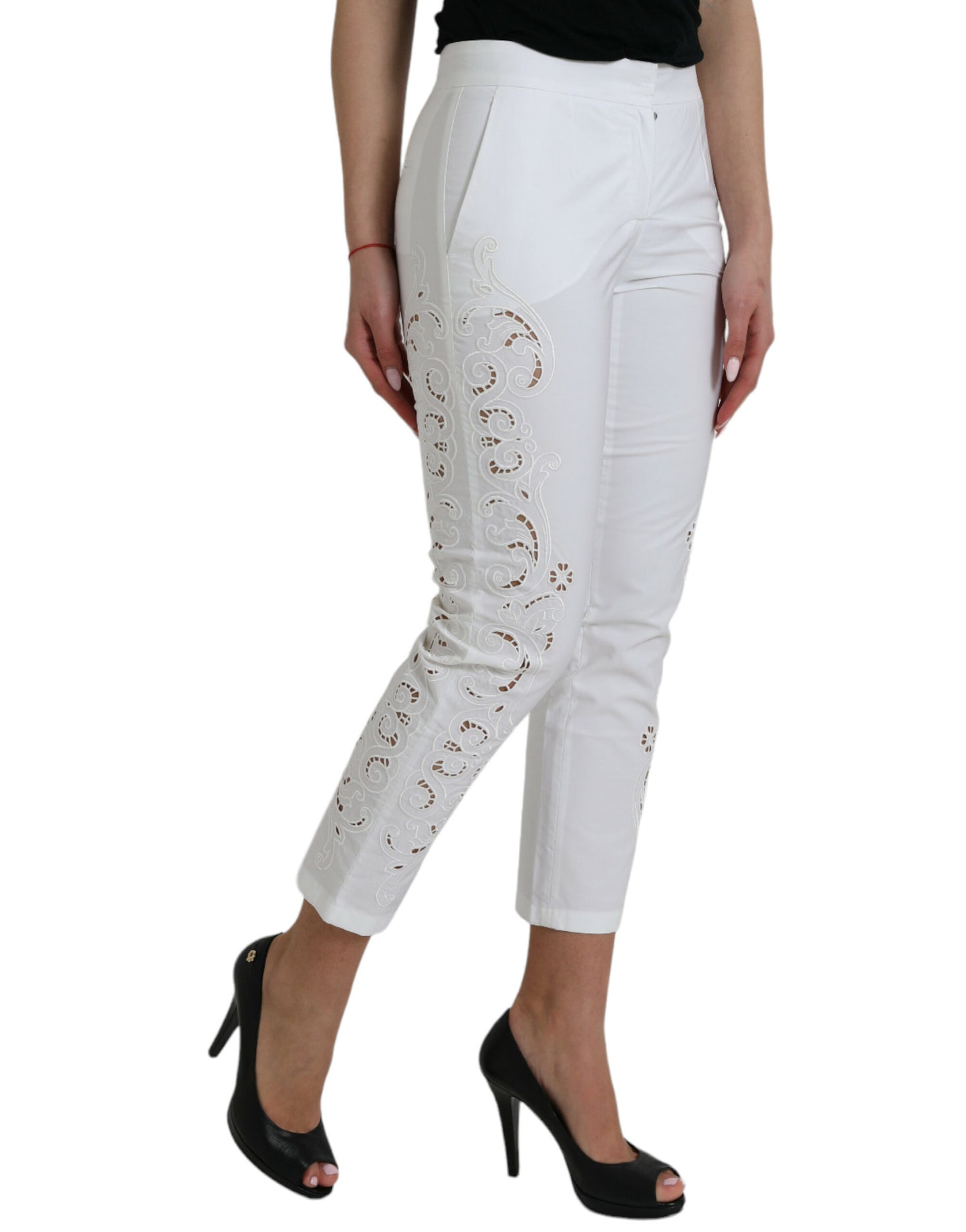 Dolce & Gabbana White Cut Out Cotton Mid Waist Cropped Pants Dolce & Gabbana