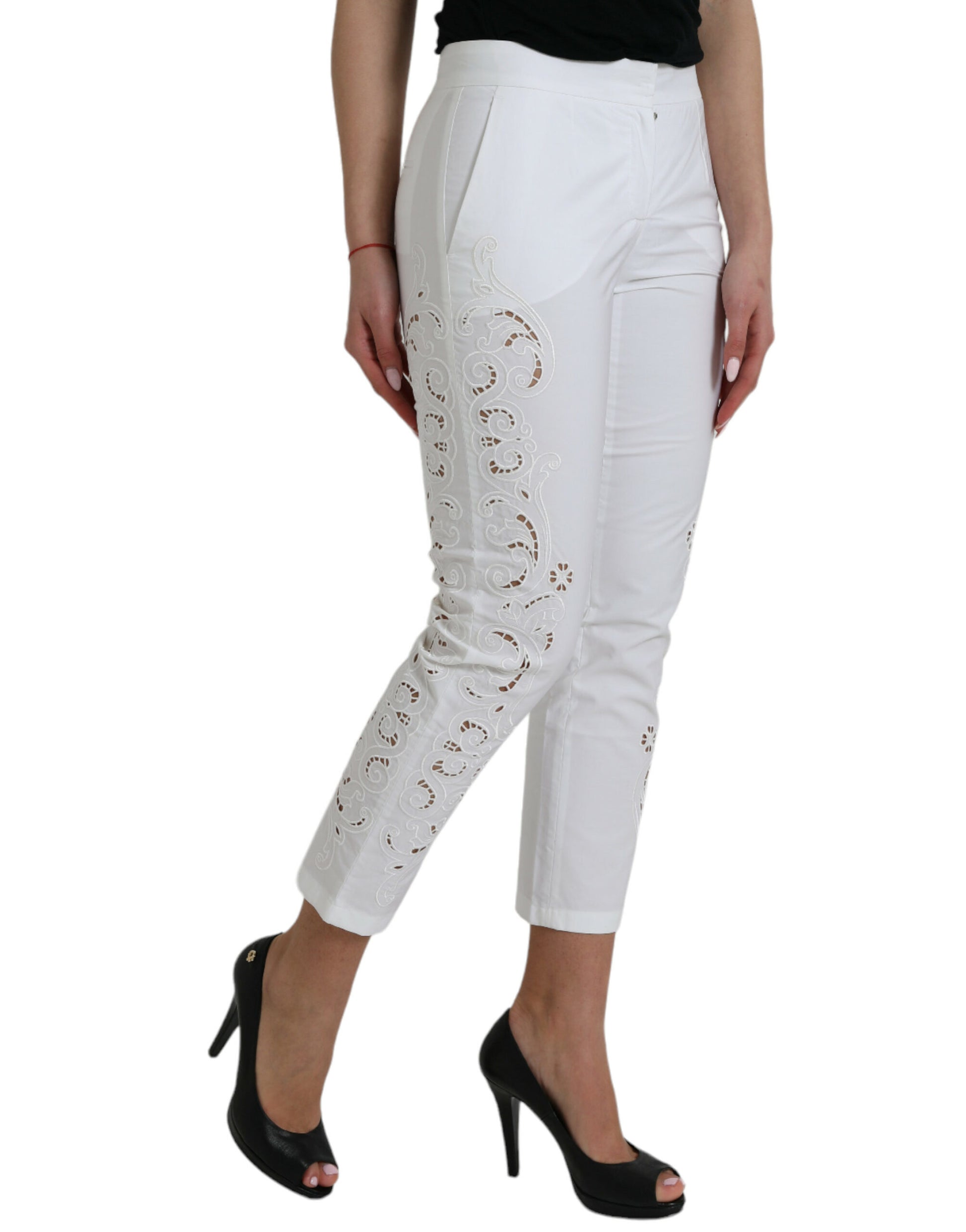 Dolce & Gabbana White Cut Out Cotton Mid Waist Cropped Pants Dolce & Gabbana