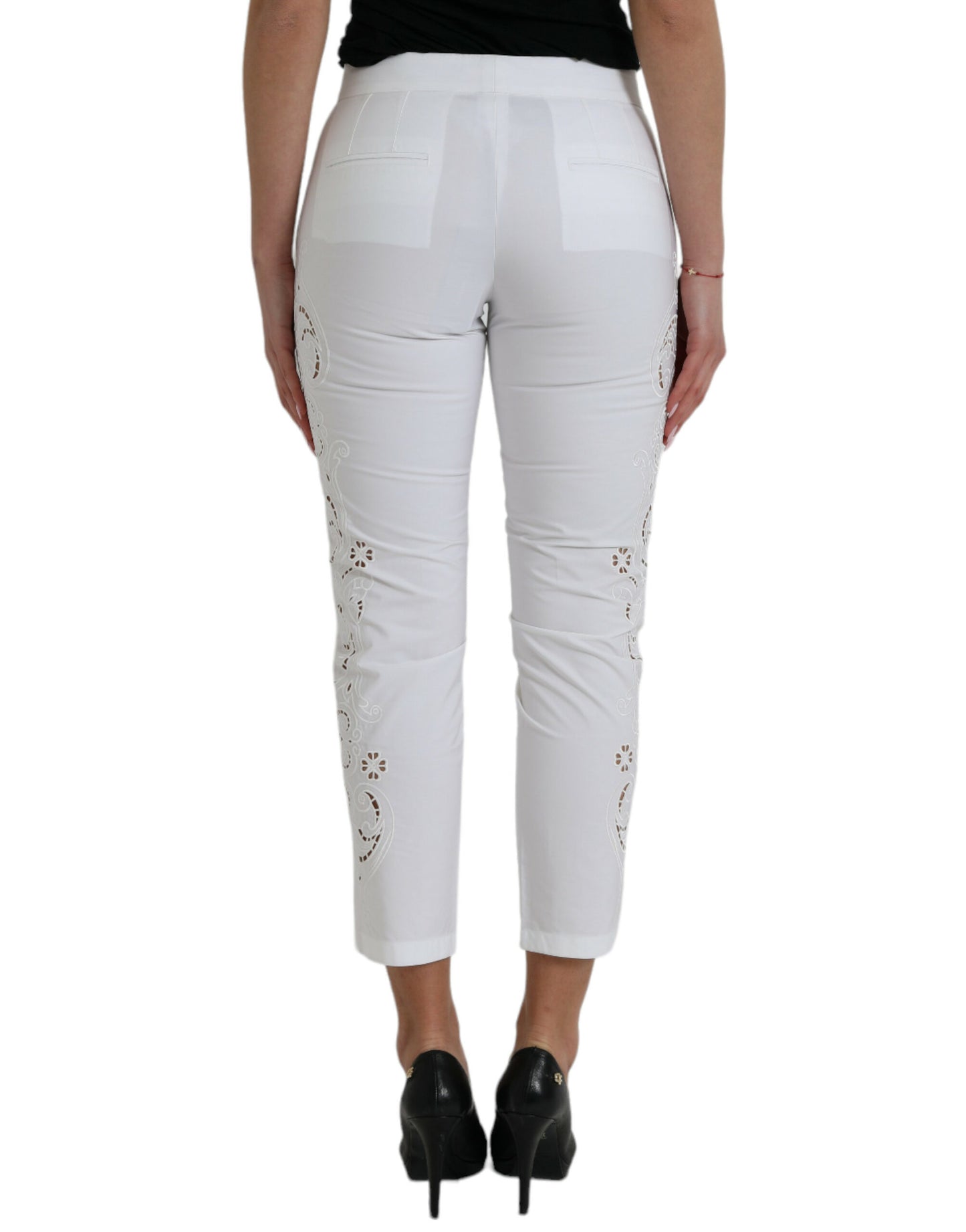 Dolce & Gabbana White Cut Out Cotton Mid Waist Cropped Pants Dolce & Gabbana
