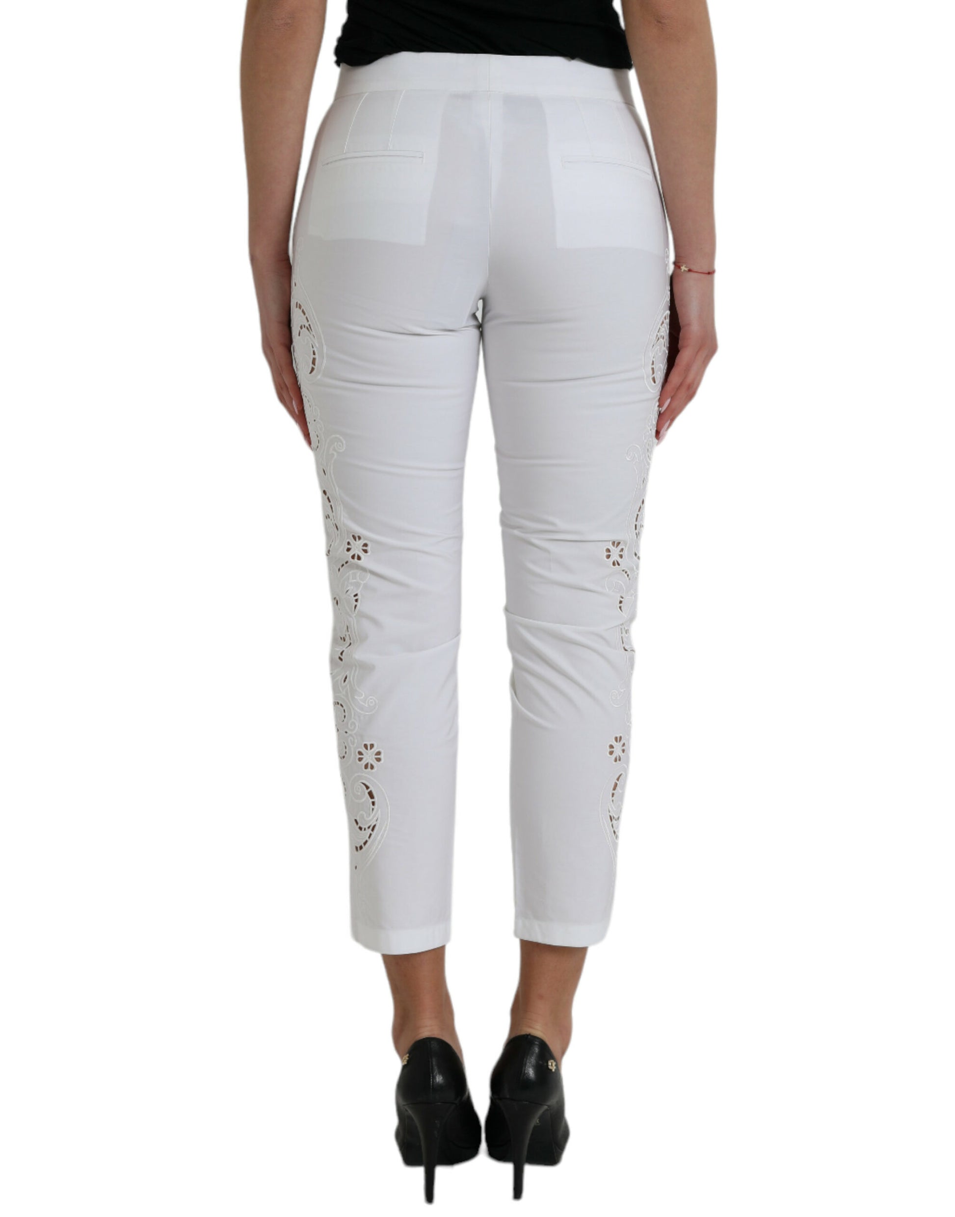 Dolce & Gabbana White Cut Out Cotton Mid Waist Cropped Pants Dolce & Gabbana