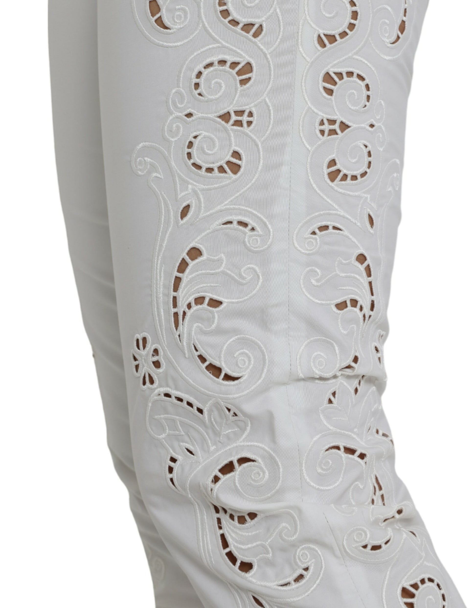 Dolce & Gabbana White Cut Out Cotton Mid Waist Cropped Pants Dolce & Gabbana