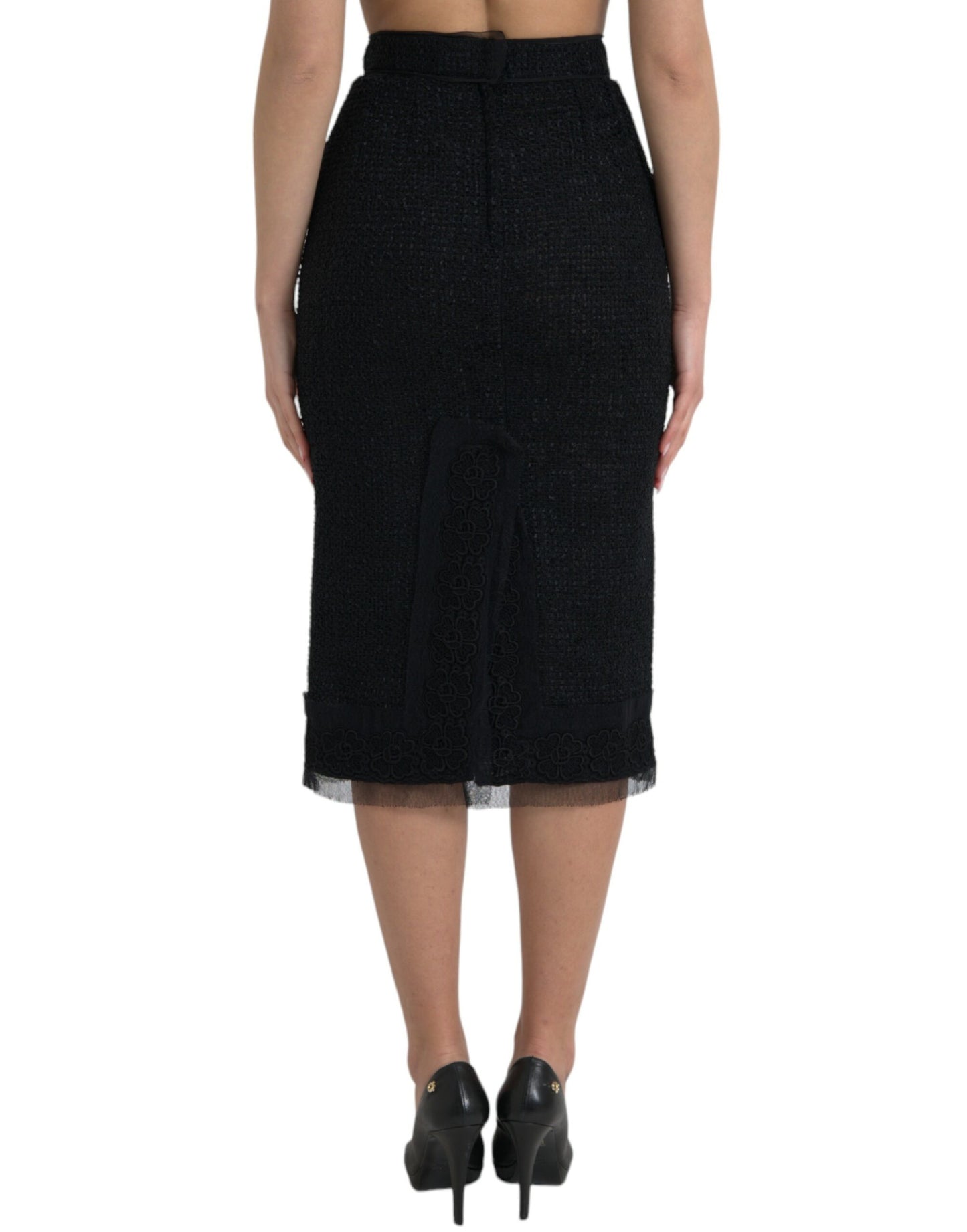 Dolce & Gabbana Black Wool High Waist Pencil Cut Midi Skirt Dolce & Gabbana