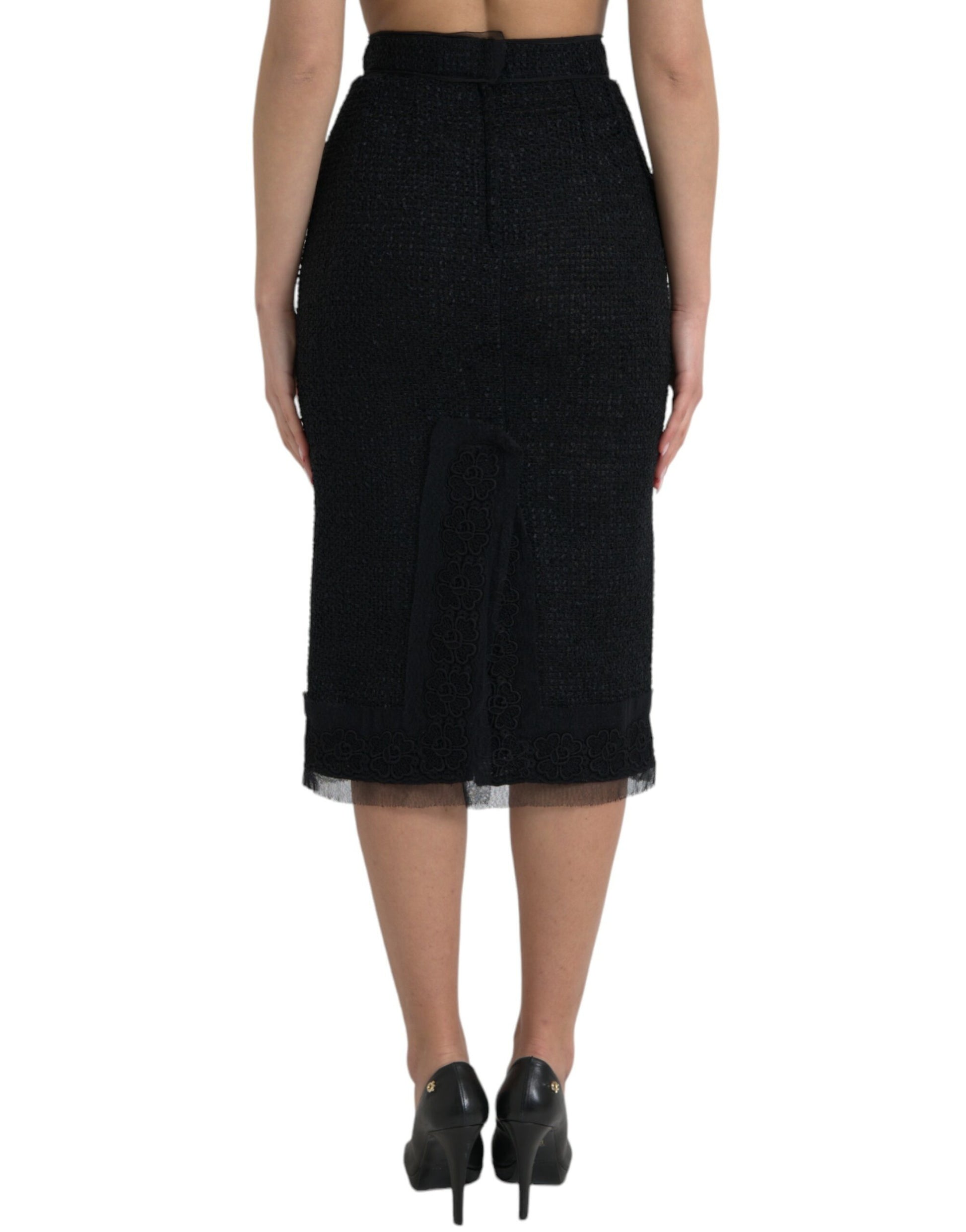 Dolce & Gabbana Black Wool High Waist Pencil Cut Midi Skirt Dolce & Gabbana
