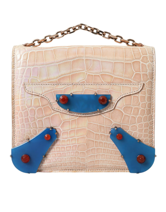 Balenciaga Beige Blue Agate Exotic Leather Gold Chain Purse Bag Balenciaga