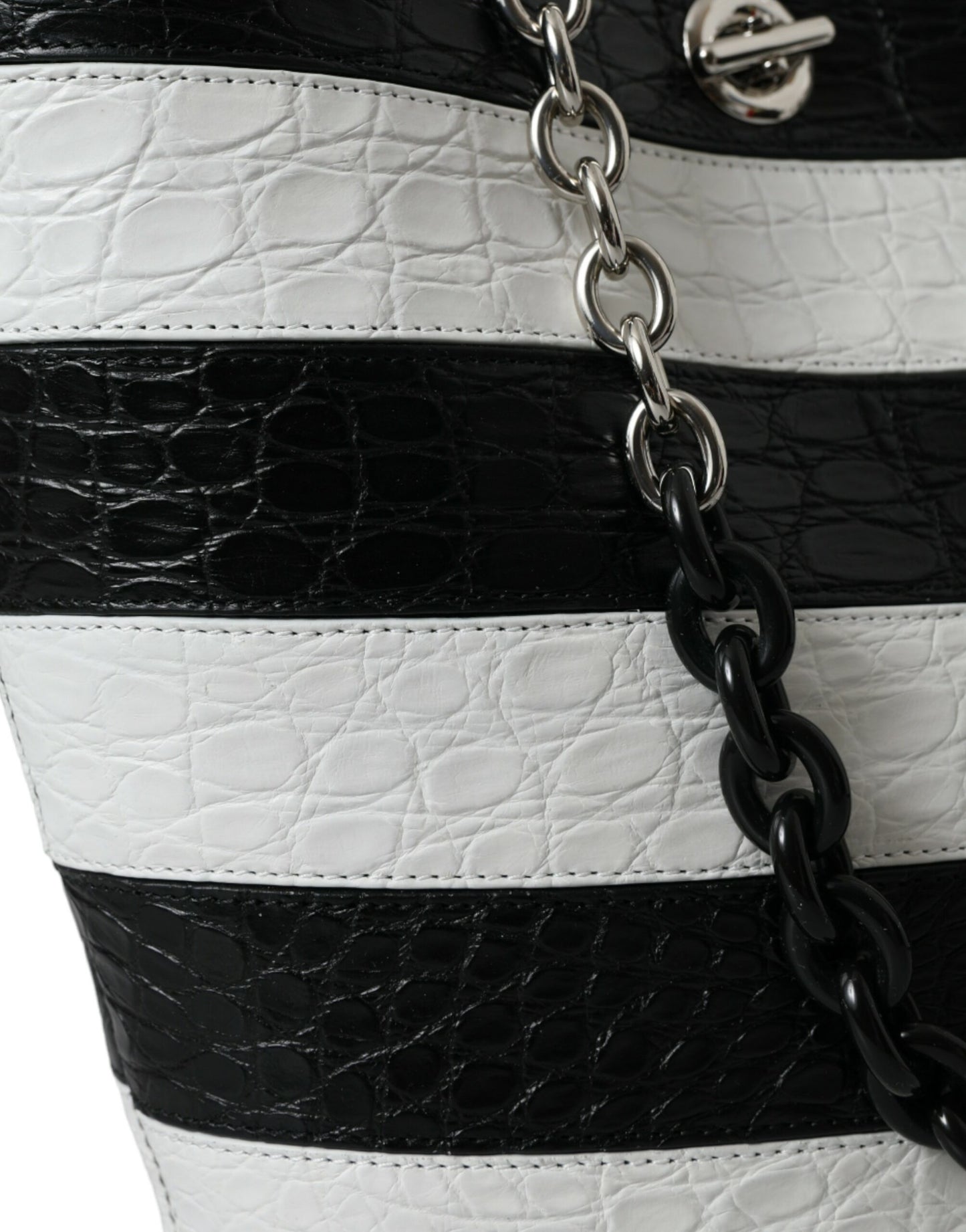 Balenciaga Black White Striped Exotic Skin Leather Maxi Bucket Tote Bag Balenciaga