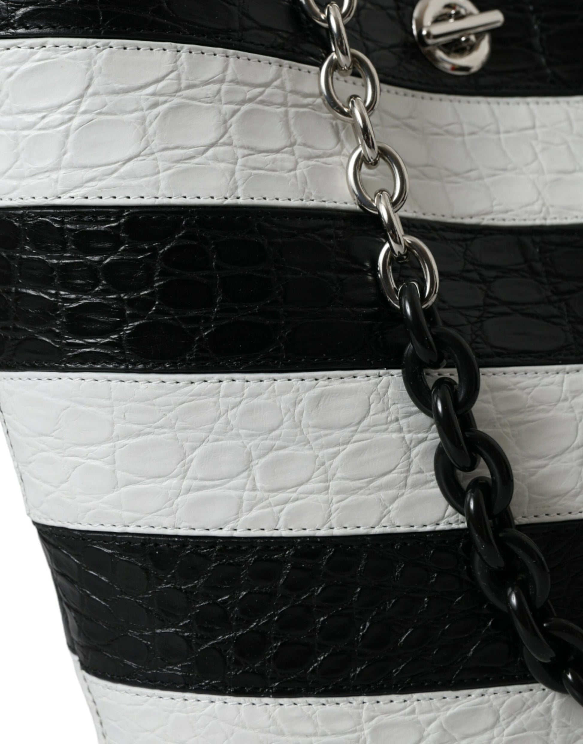 Balenciaga Black White Striped Exotic Skin Leather Maxi Bucket Tote Bag Balenciaga