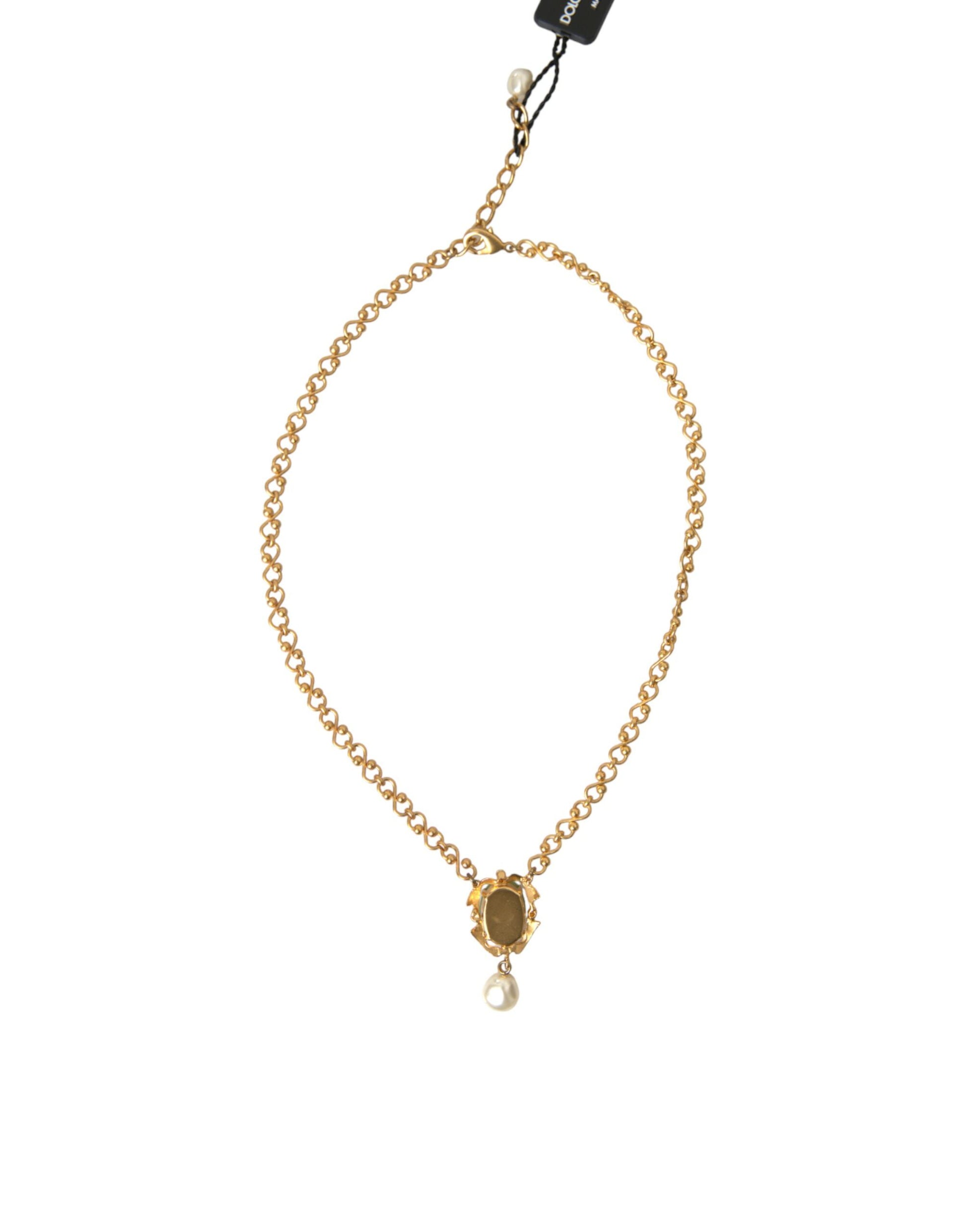 Dolce & Gabbana Gold Brass Chain Pearl Pendant Charm Necklace Dolce & Gabbana