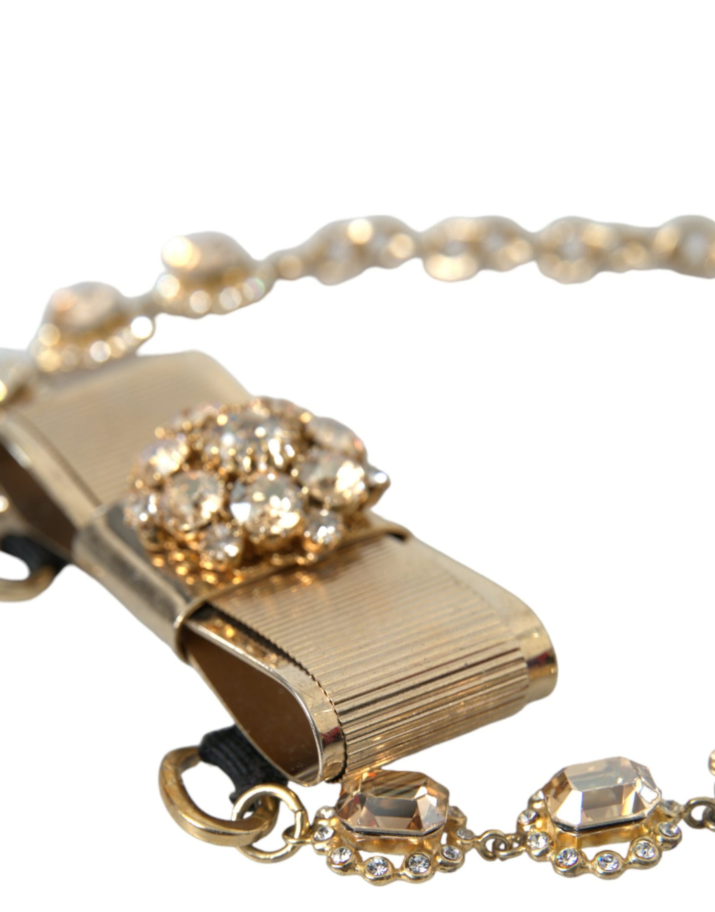 Dolce & Gabbana Gold Brass Clear Crystal Bow Chain Choker Necklace Dolce & Gabbana