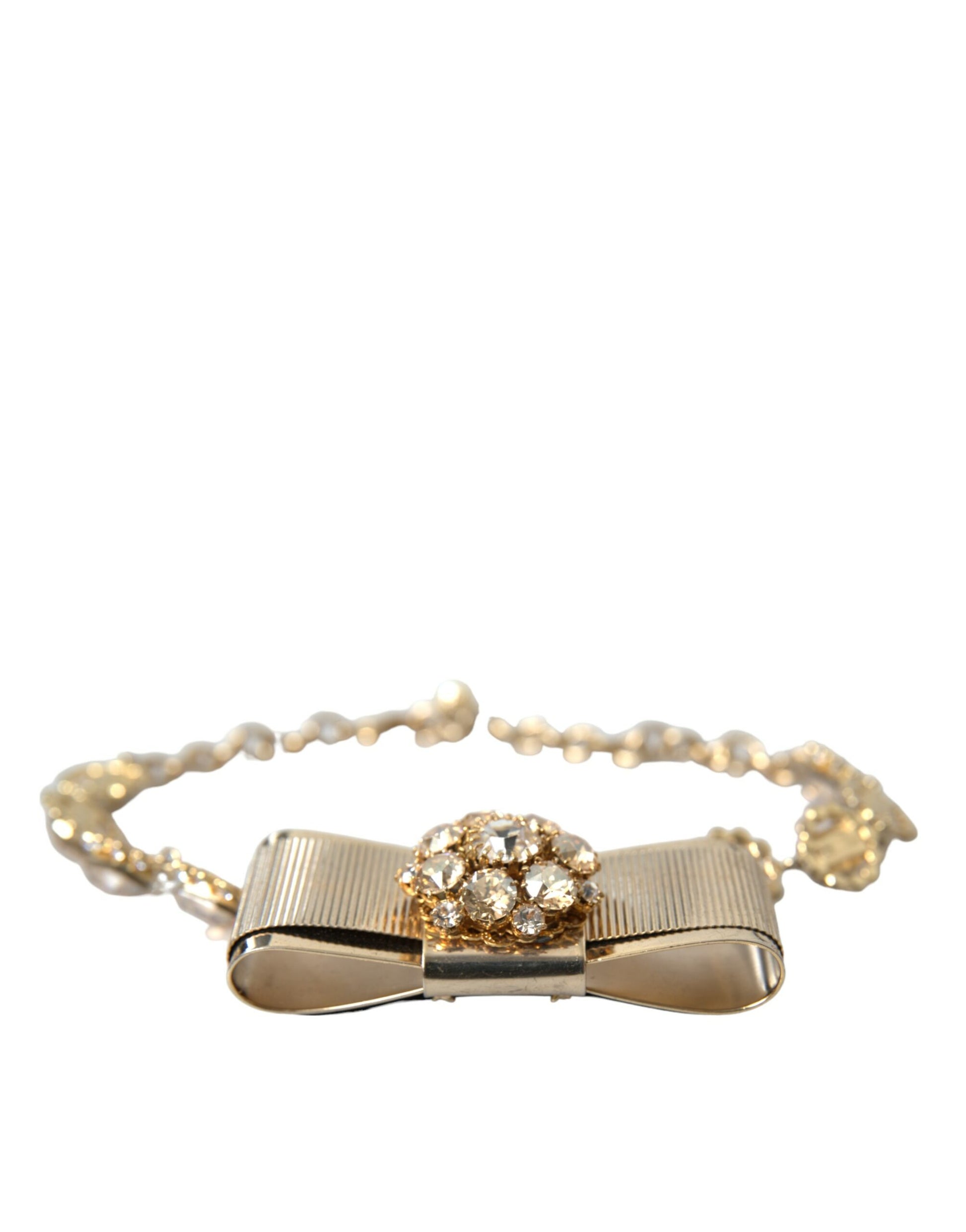 Dolce & Gabbana Gold Brass Clear Crystal Bow Chain Choker Necklace Dolce & Gabbana