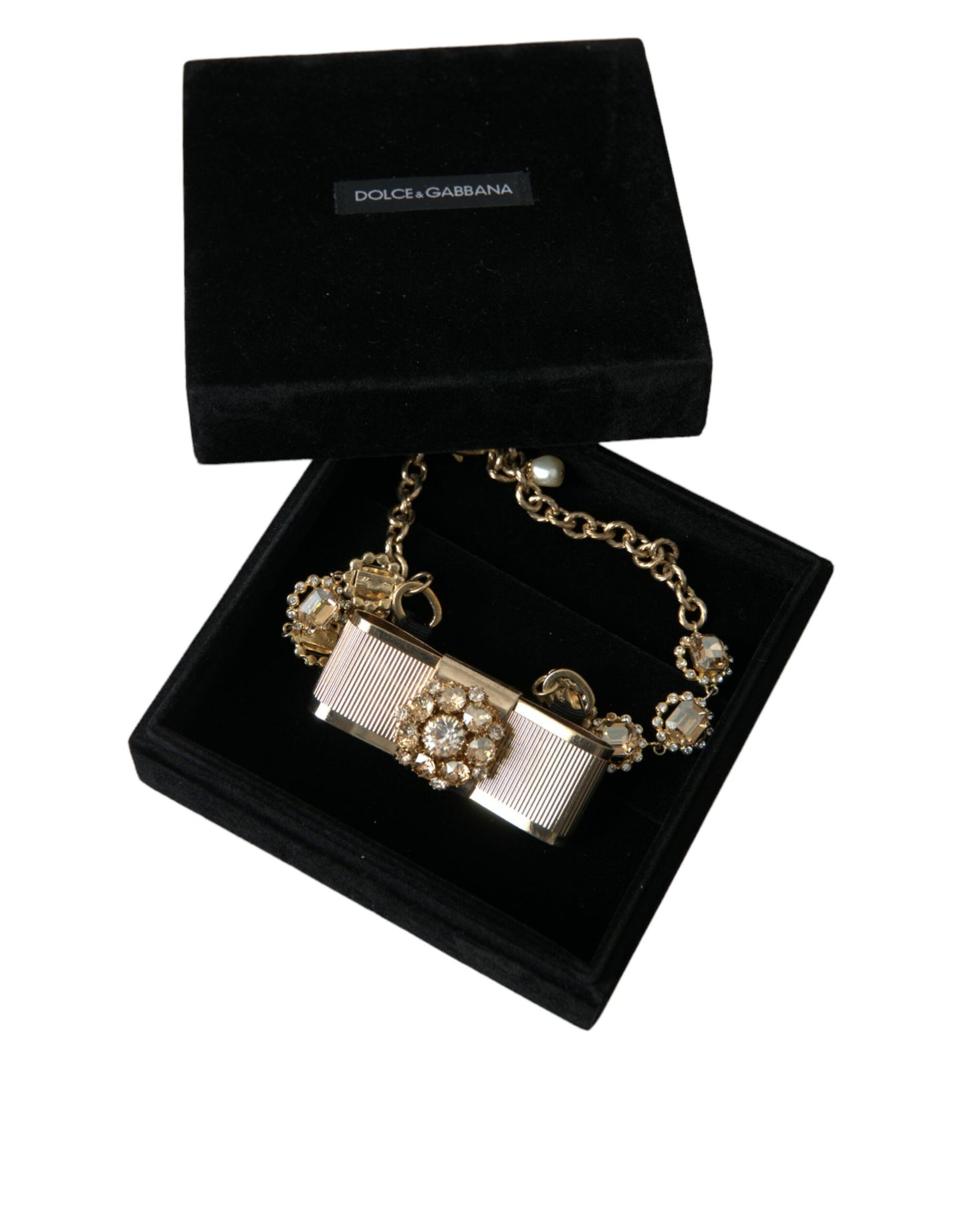 Dolce & Gabbana Gold Brass Clear Crystal Bow Chain Choker Necklace Dolce & Gabbana