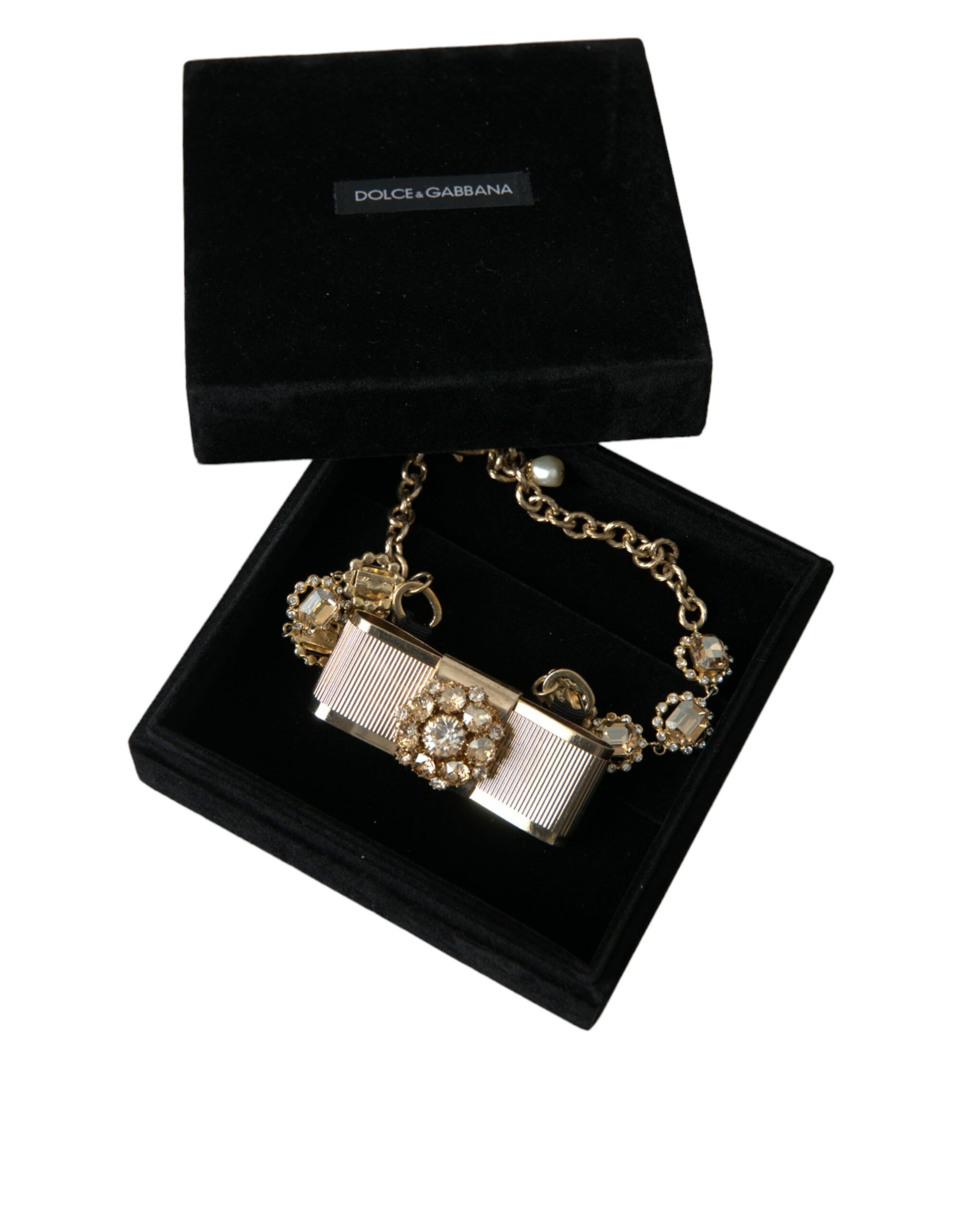 Dolce & Gabbana Gold Brass Clear Crystal Bow Chain Choker Necklace Dolce & Gabbana