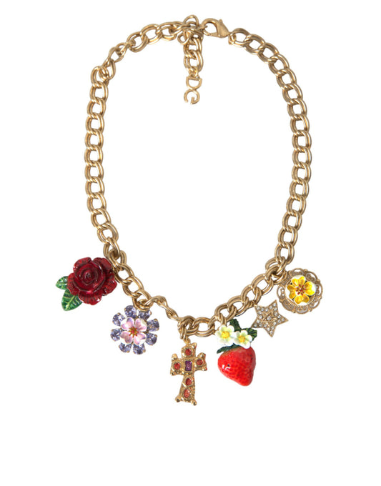 Dolce & Gabbana Gold Chain Rose Cross Strawberry Star Pendant Necklace Dolce & Gabbana