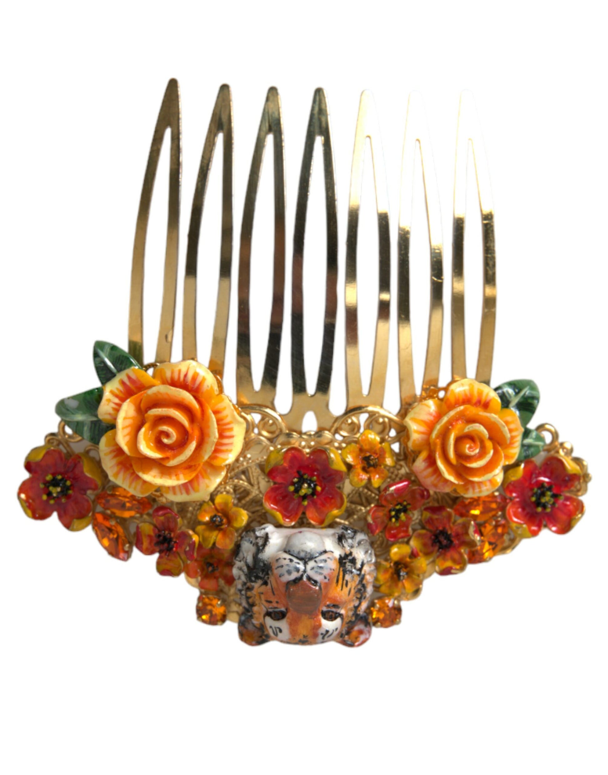 Dolce & Gabbana Gold Brass Crystal Leopard Floral Hair Comb Dolce & Gabbana