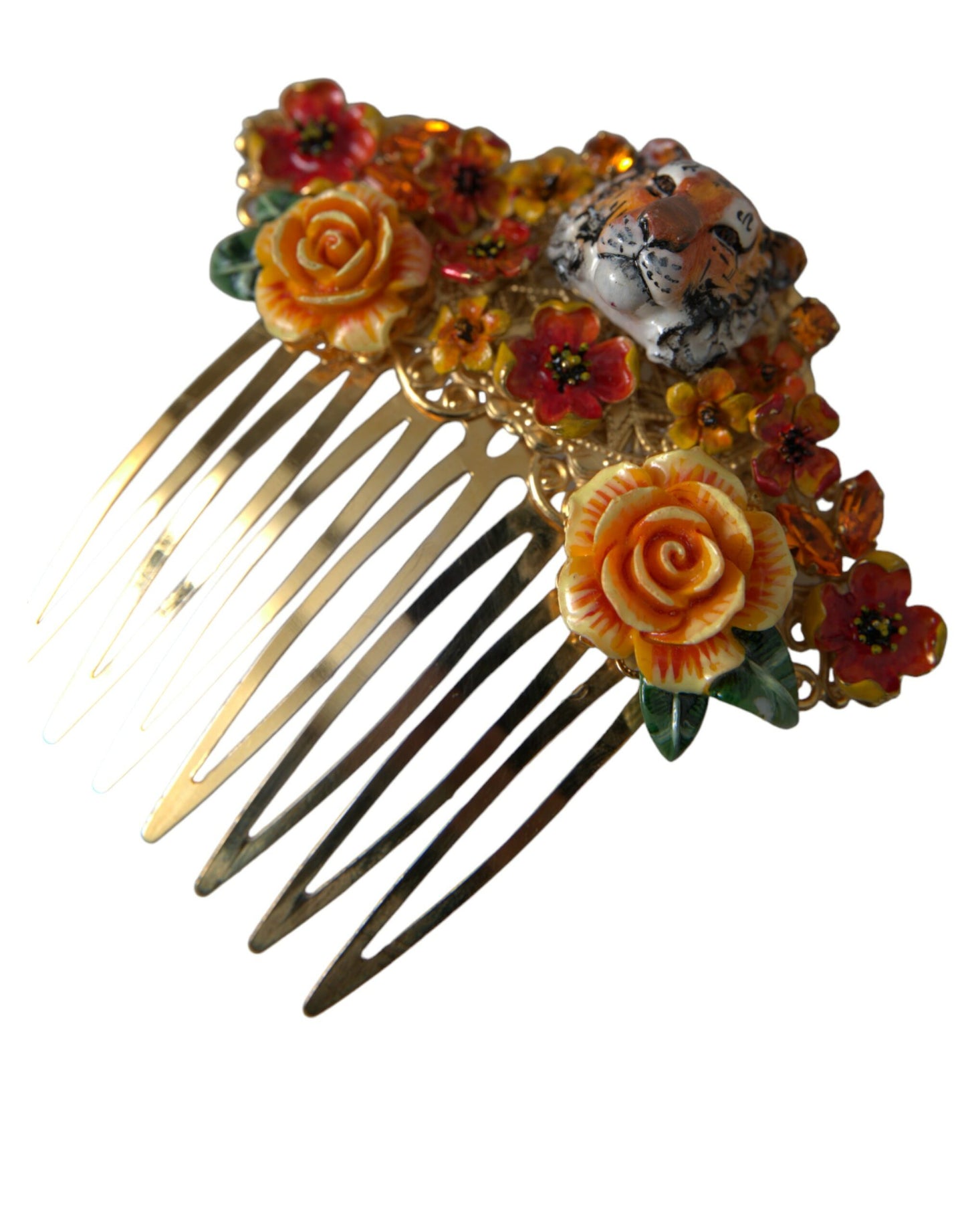 Dolce & Gabbana Gold Brass Crystal Leopard Floral Hair Comb Dolce & Gabbana