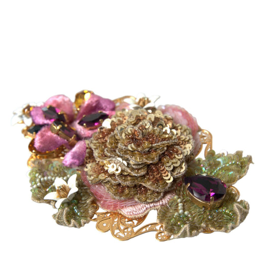 Dolce & Gabbana Gold Brass Floral Crystal Sequined Hair Clip Dolce & Gabbana