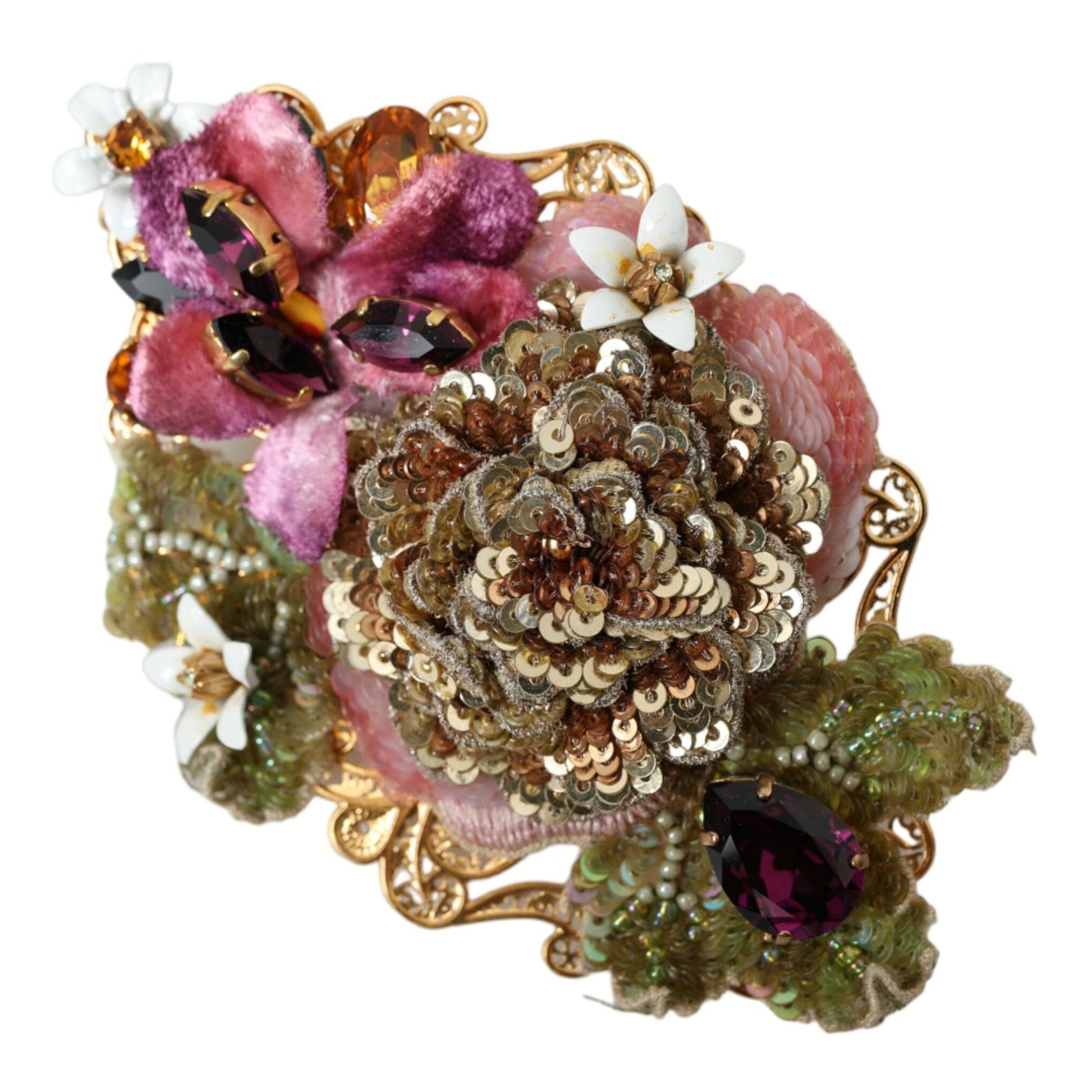 Dolce & Gabbana Gold Brass Floral Crystal Sequined Hair Clip Dolce & Gabbana