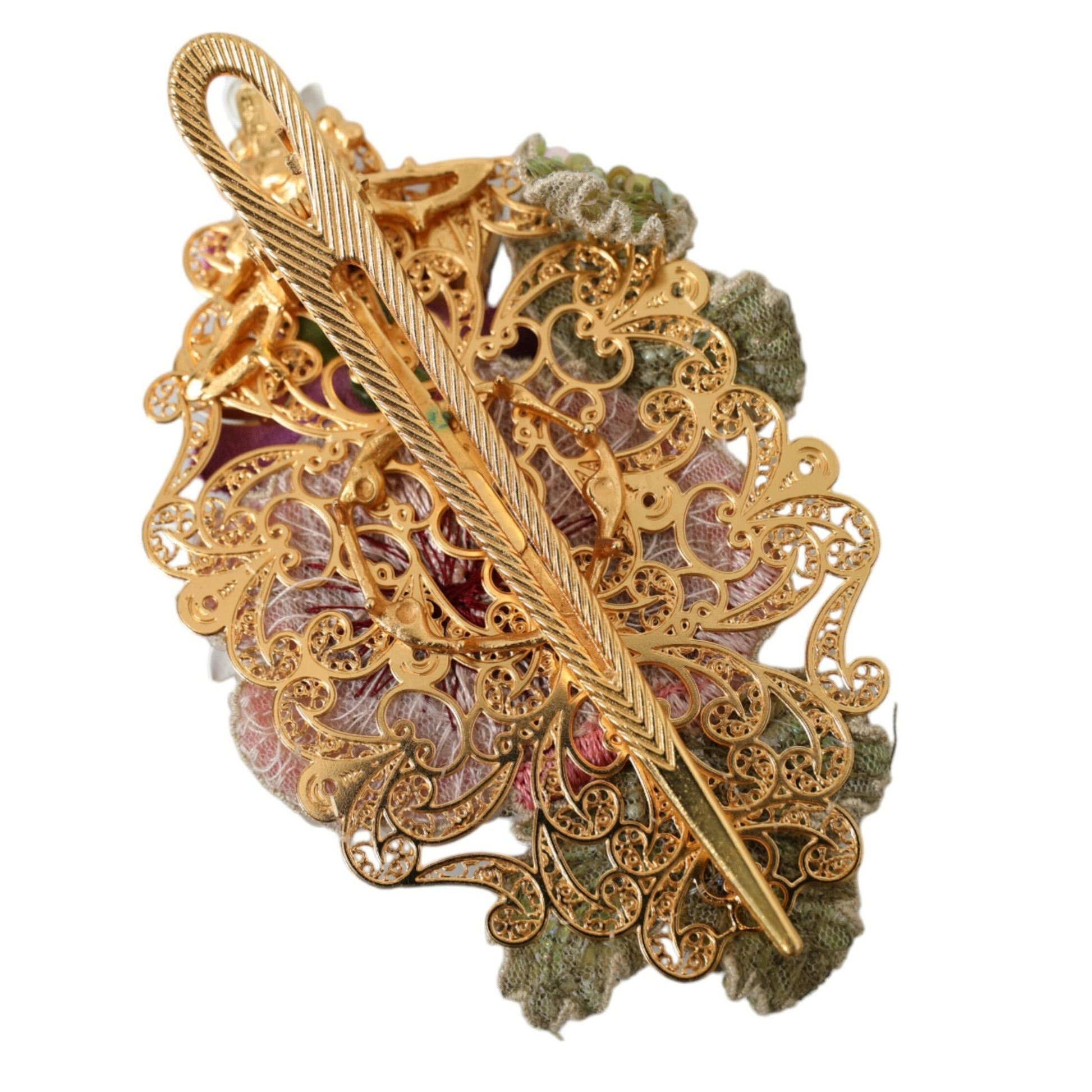 Dolce & Gabbana Gold Brass Floral Crystal Sequined Hair Clip Dolce & Gabbana