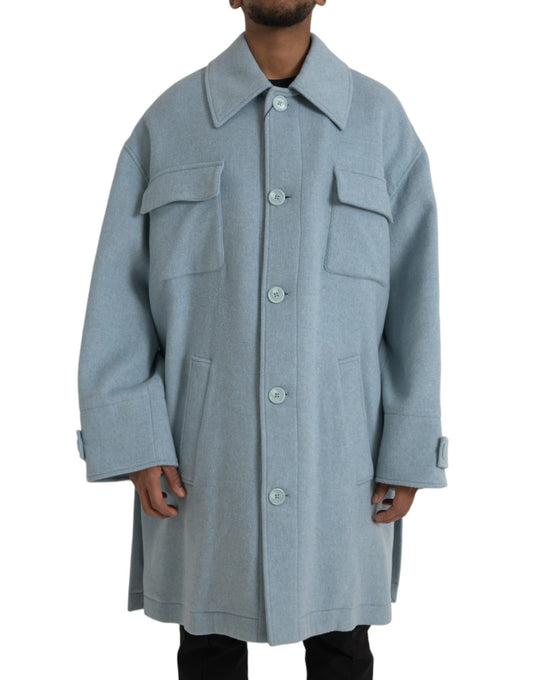 Dolce & Gabbana Light Blue Wool Button Trench Coat Jacket Dolce & Gabbana
