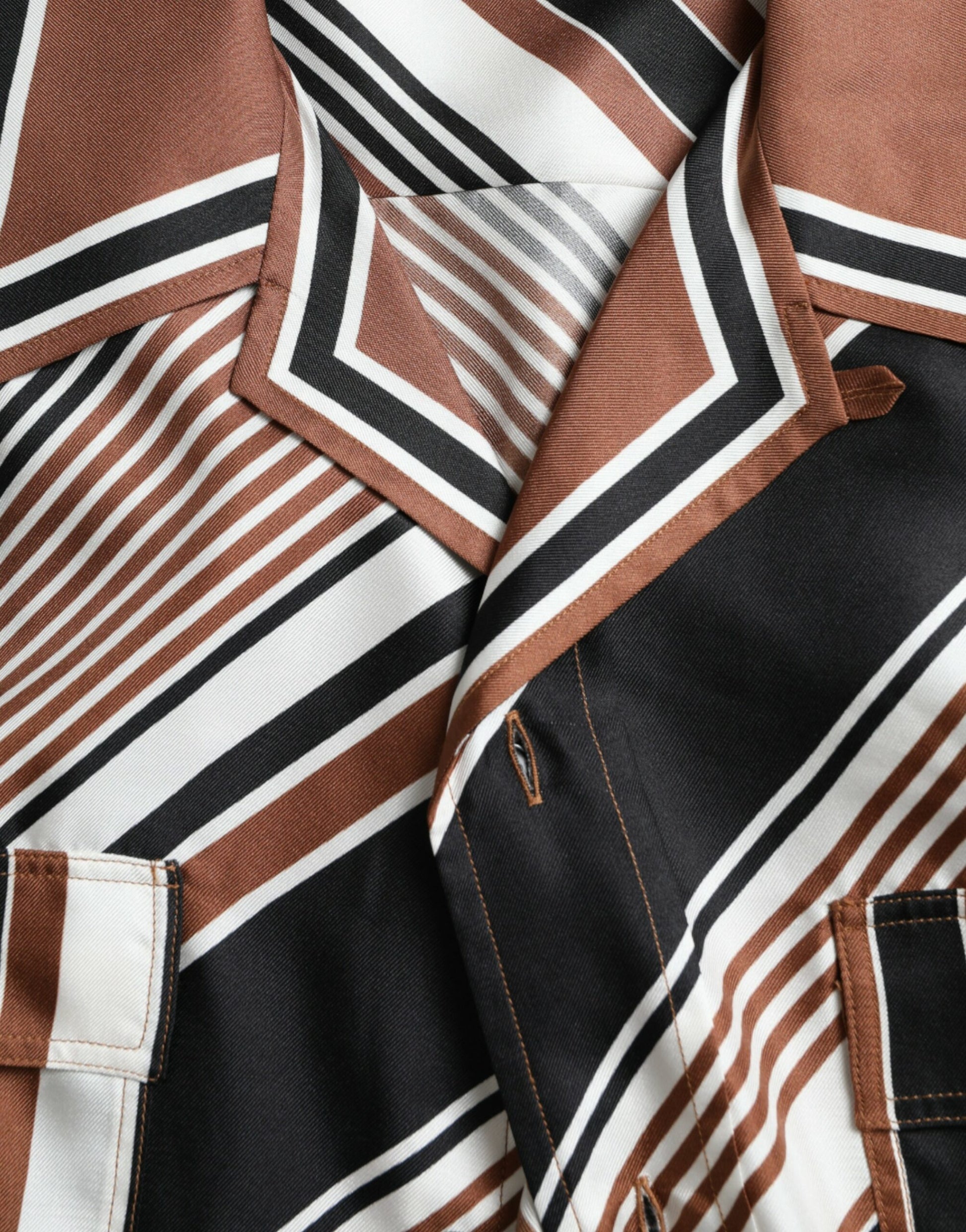 Dolce & Gabbana Brown White Silk Striped Short Sleeve Shirt Dolce & Gabbana