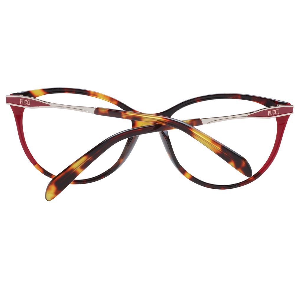 Emilio Pucci red plastic eyeglass frames with sleek design and modern style, shown in a close-up image.