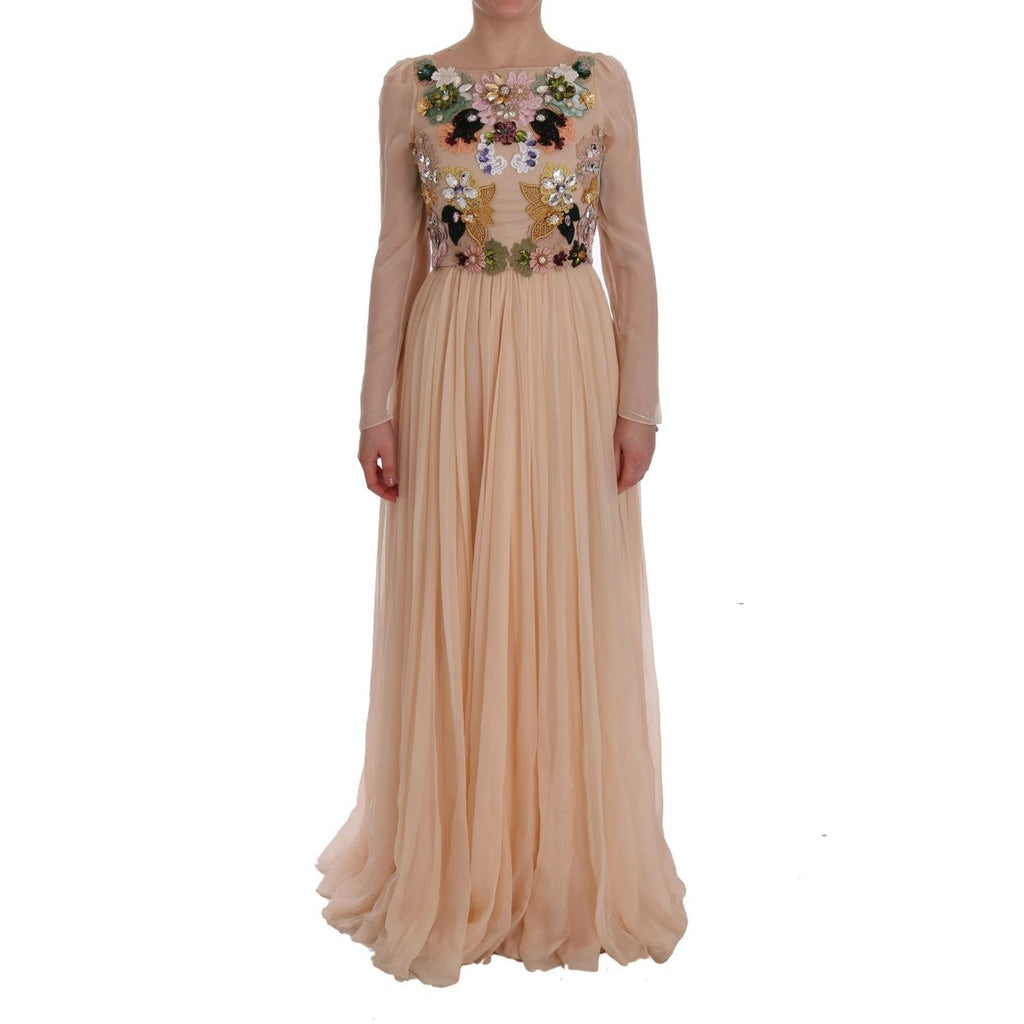 Dolce & Gabbana Pink Silk Floral Crystal Maxi Gown Dress