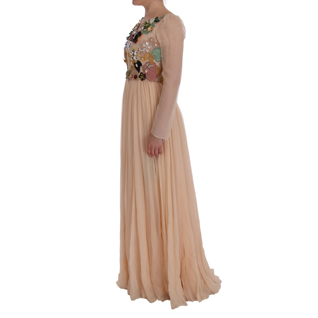 Dolce & Gabbana Pink Silk Floral Crystal Maxi Gown Dress