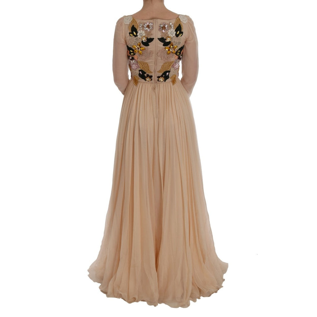 Dolce & Gabbana Pink Silk Floral Crystal Maxi Gown Dress