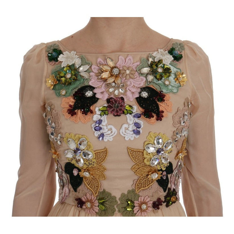 Dolce & Gabbana Pink Silk Floral Crystal Maxi Gown Dress