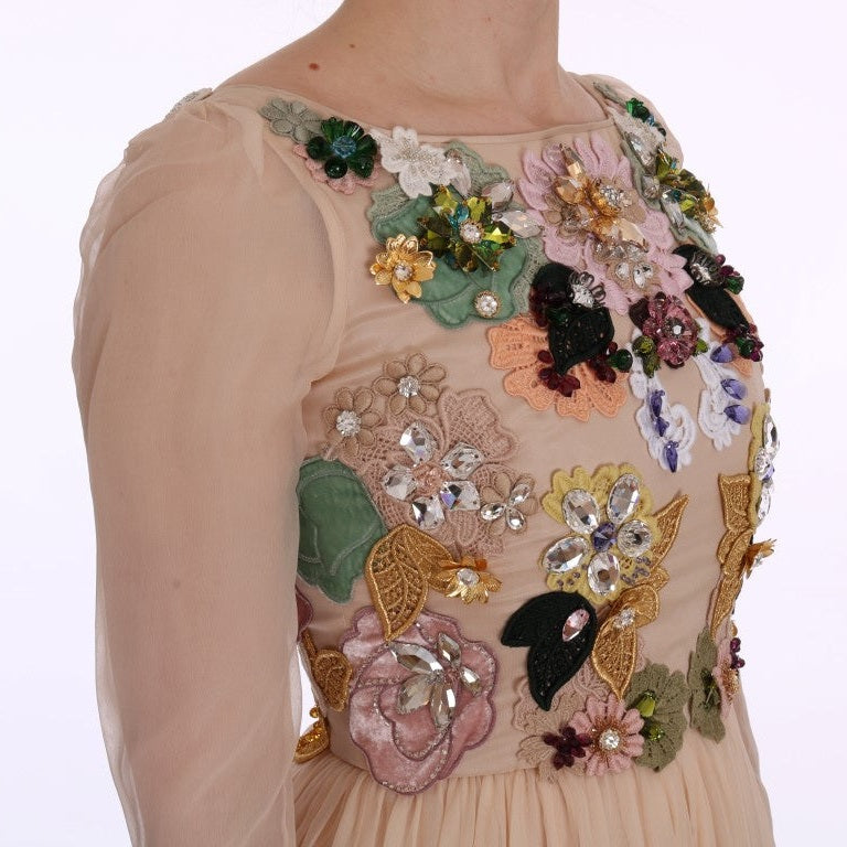 Dolce & Gabbana Pink Silk Floral Crystal Maxi Gown Dress