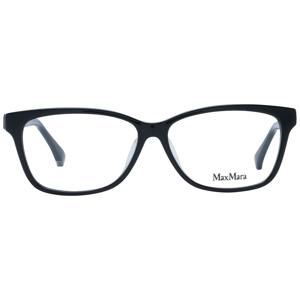 Max Mara black plastic eyeglass frames with sleek design, showing front view with clear lenses and modern style.