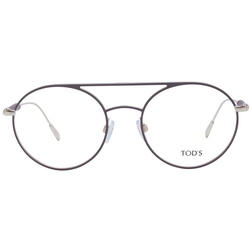 Brown metal frames for glasses by Tod's, featuring sleek design and clear lenses, displayed on a neutral background.
