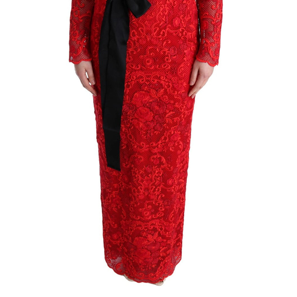 Dolce & Gabbana Red Floral Ricamo Sheath Long Dress