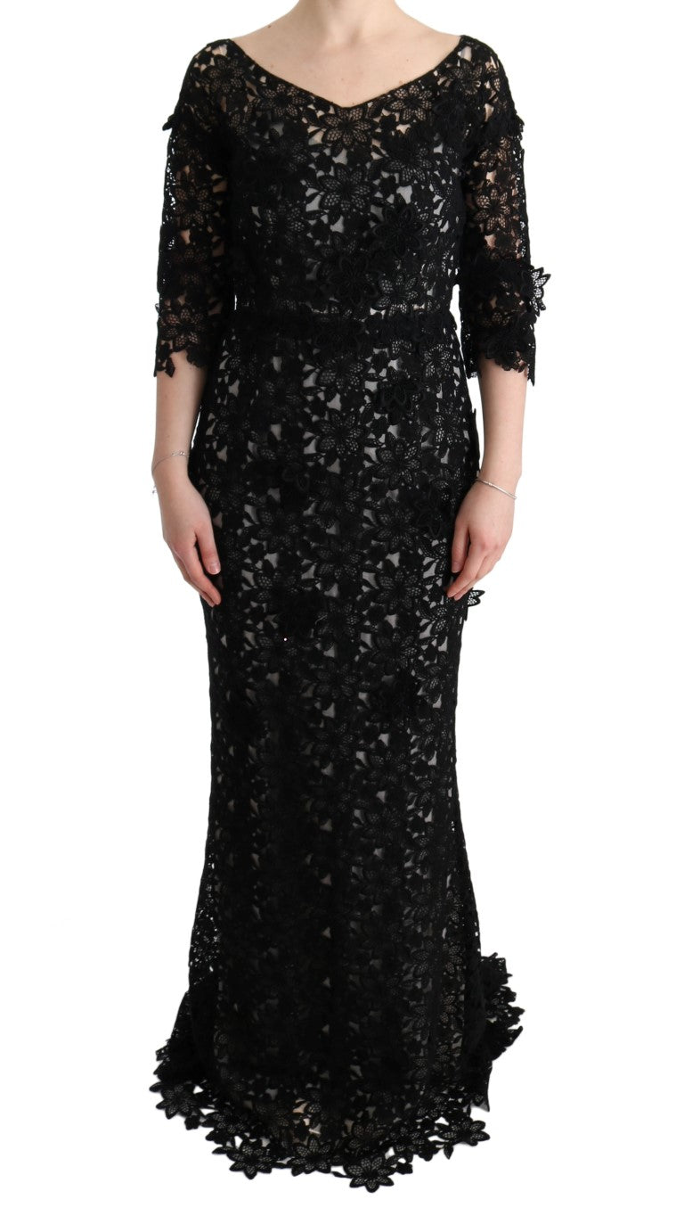 Dolce & Gabbana Black Cotton Silk Floral Long Dress Dolce & Gabbana