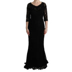 Dolce & Gabbana black floral ricamo sheath long dress with intricate embroidery and elegant silhouette.