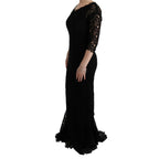 Dolce & Gabbana black floral ricamo sheath long dress featuring intricate embroidery and elegant fit, perfect for formal occasions.