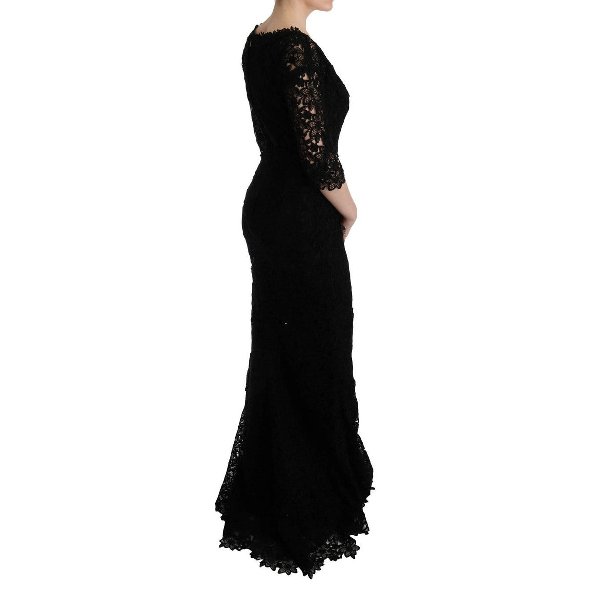 Dolce & Gabbana black floral ricamo sheath long dress with intricate embroidery and elegant fit, perfect for formal occasions.