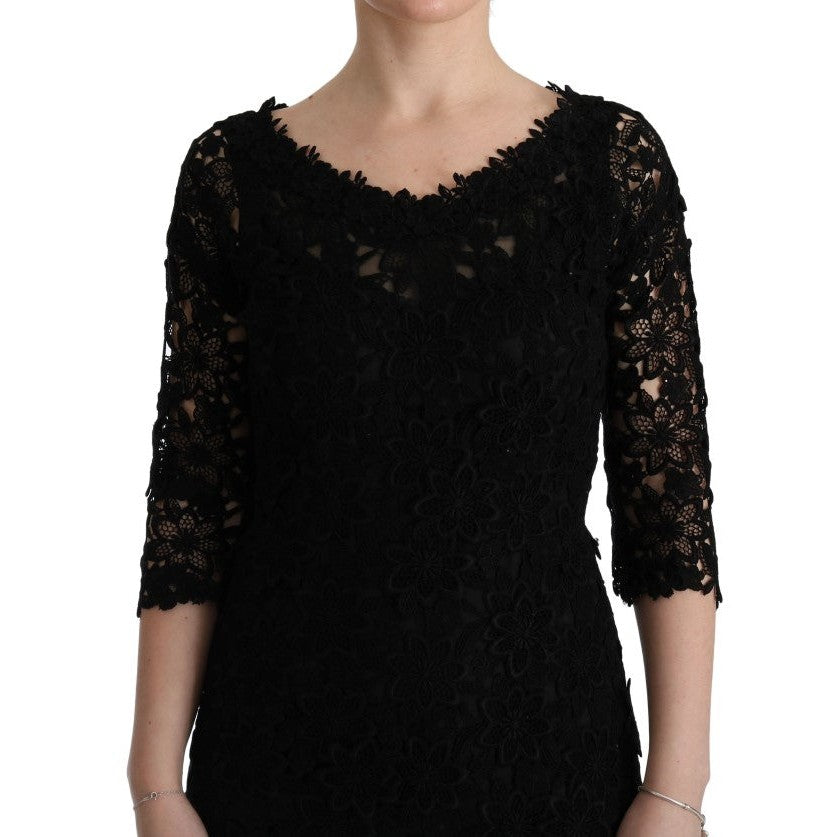 Dolce & Gabbana black floral Ricamo sheath long dress with intricate embroidery and elegant silhouette.