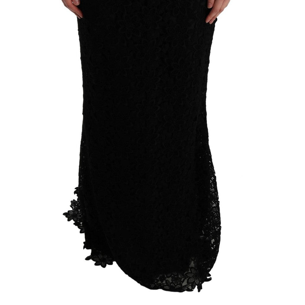 Dolce & Gabbana black floral Ricamo sheath long dress with intricate embroidery and elegant silhouette.