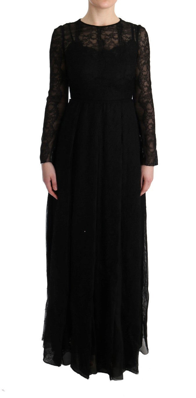 Black floral lace silk sheath dress by Dolce & Gabbana, featuring elegant design and intricate lace details.
