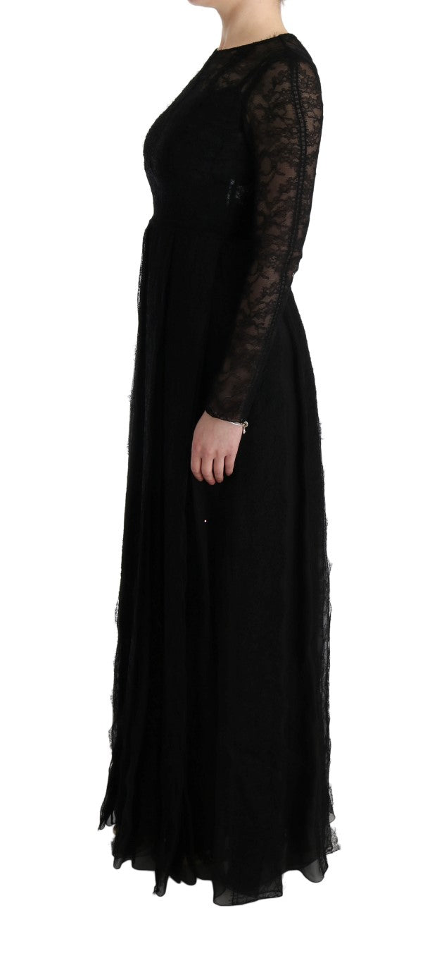 Dolce & Gabbana black floral lace sheath silk dress displayed on a model, showcasing intricate lace details and elegant fit.